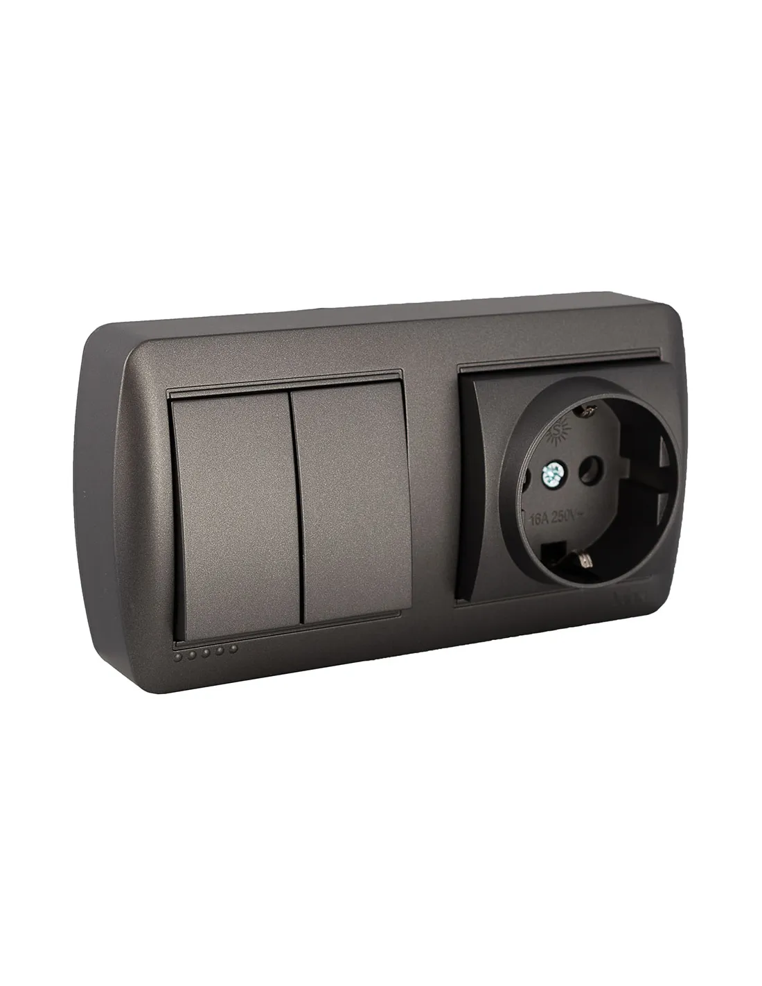 Base Fixe 2p+T, 16a 250v~ + Double Interrupteur / Interrupteur 10ax 250v~. De Surface. Série Murale Mur36ngu Solera
