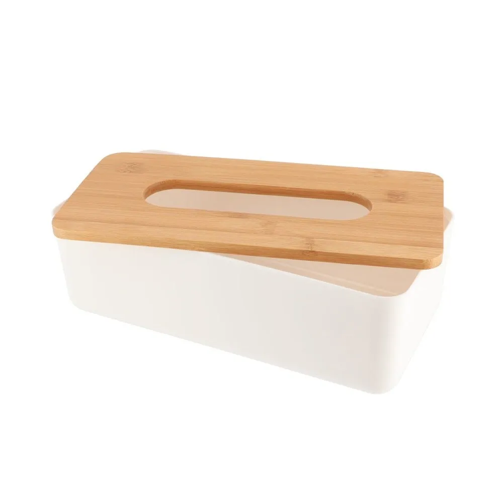 Boîte à mouchoirs blanche et couvercle en bambou