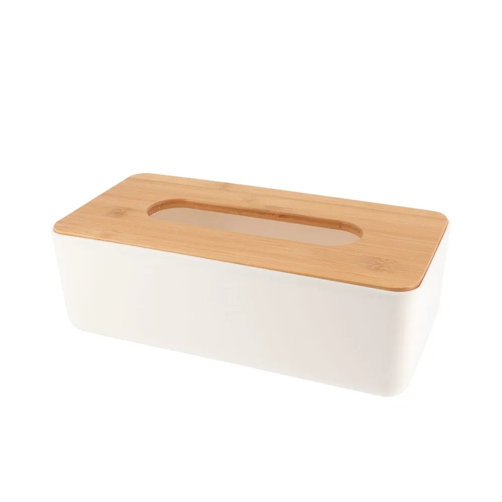 Boîte à mouchoirs blanche et couvercle en bambou