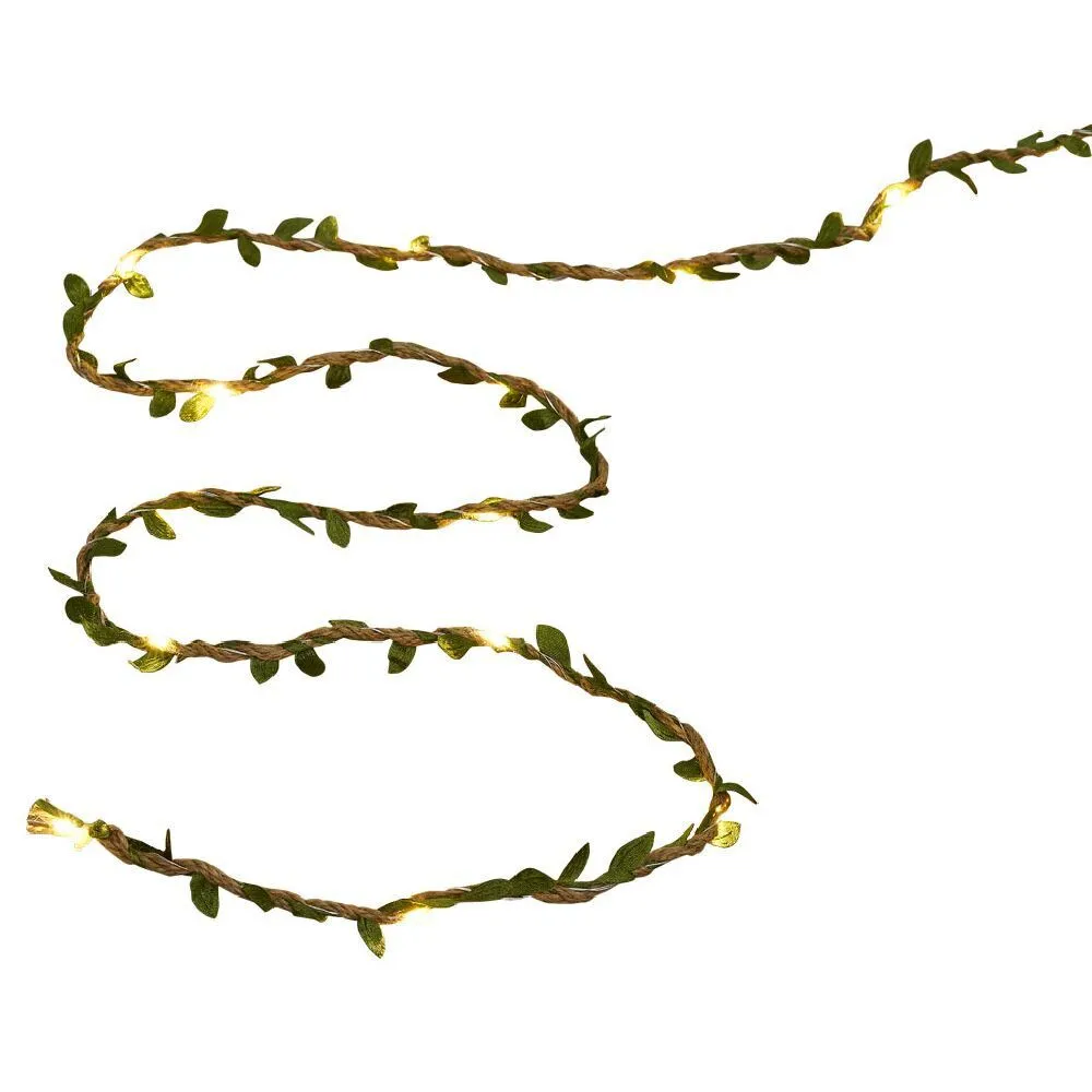 Guirlande lumineuse jute et feuillage artificiel 50 LED blanc chaud 4,9m